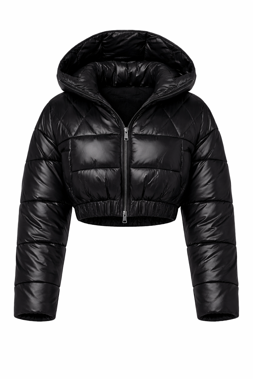 Black puffer jacket with an oversized hood