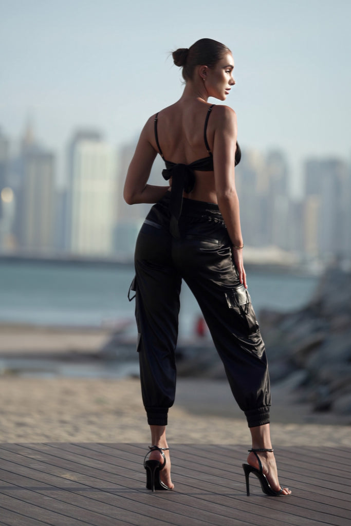 Emerge Satin Cargo Pants - Obsidian Black