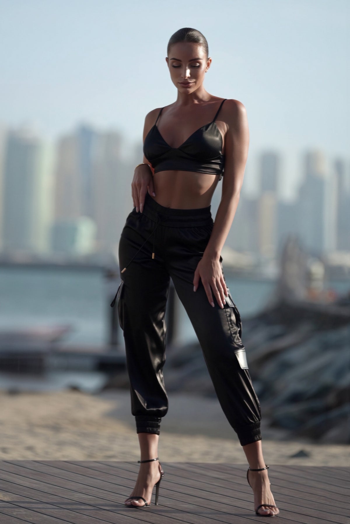 Emerge Satin Cargo Pants - Obsidian Black