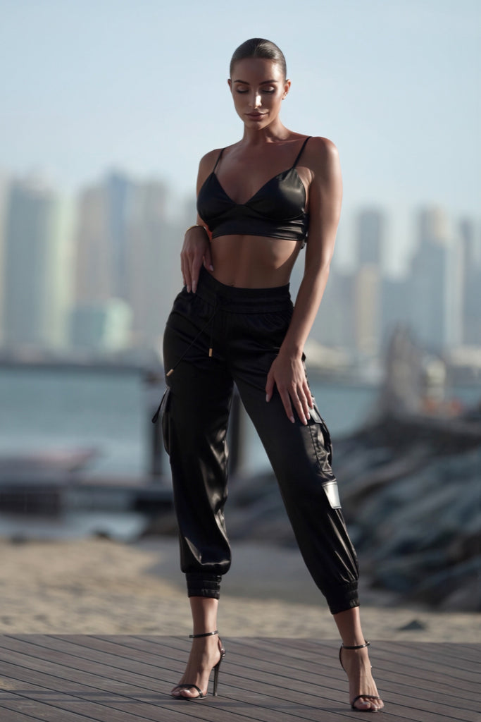 Emerge Satin Cargo Pants - Obsidian Black