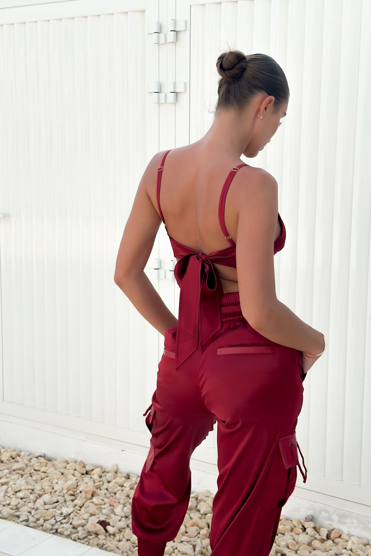 Bordeaux Satin Cargo Pants