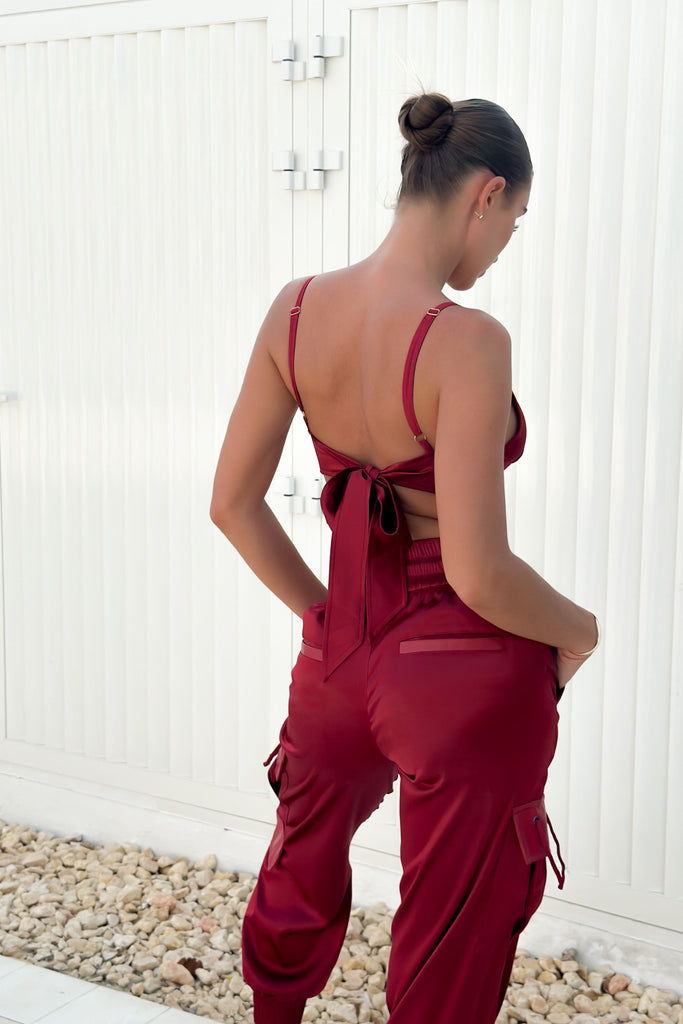 Bordeaux Satin Cargo Pants