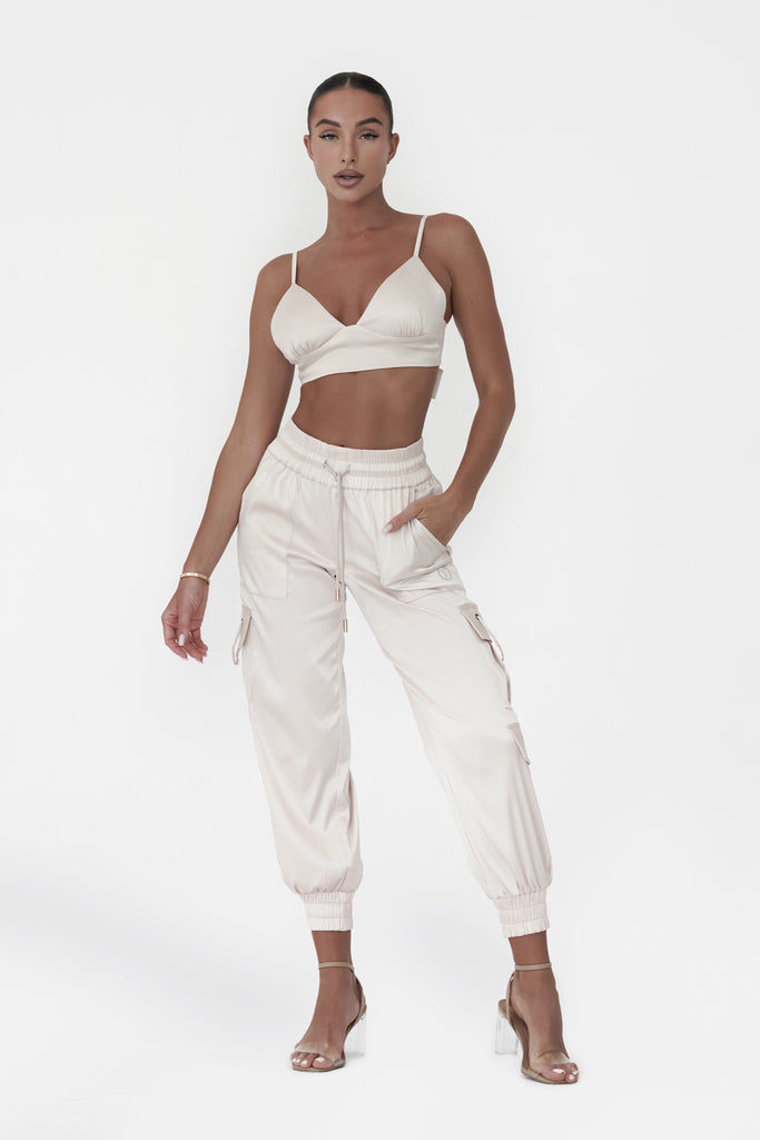 Champagne Satin Cargo Pants