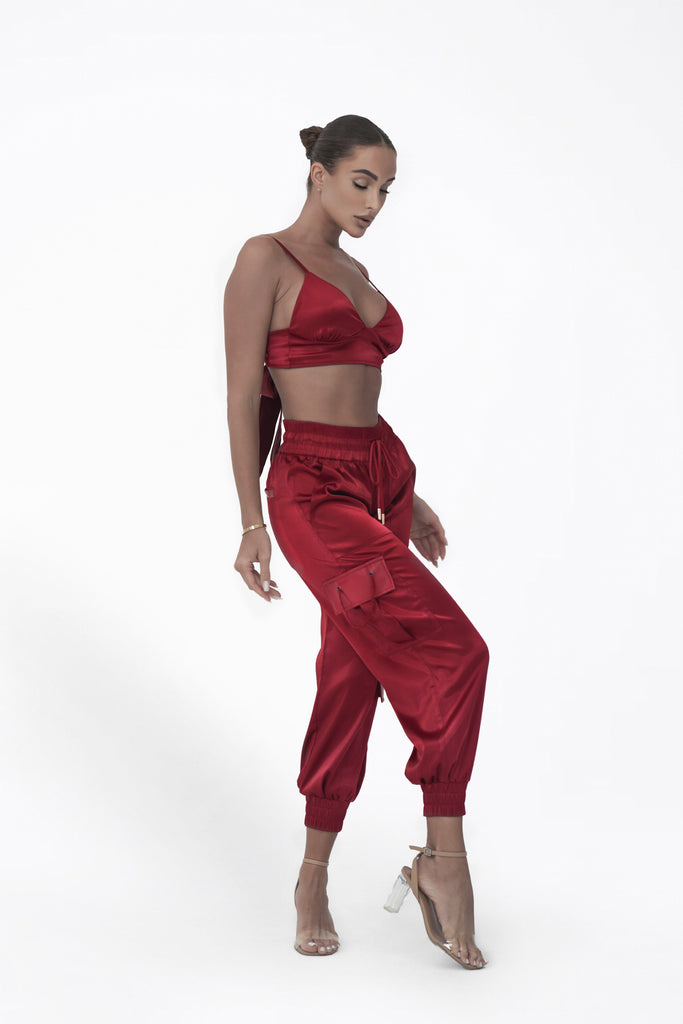 Womens Bordeaux Satin Cargo Pants
