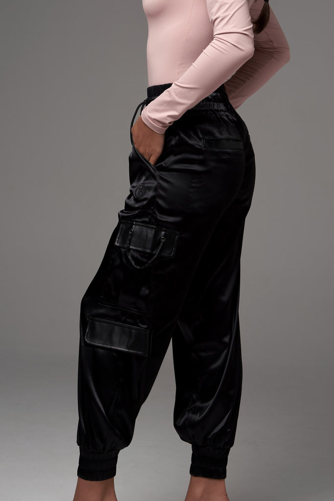 Emerge Satin Cargo Pants - Obsidian Black