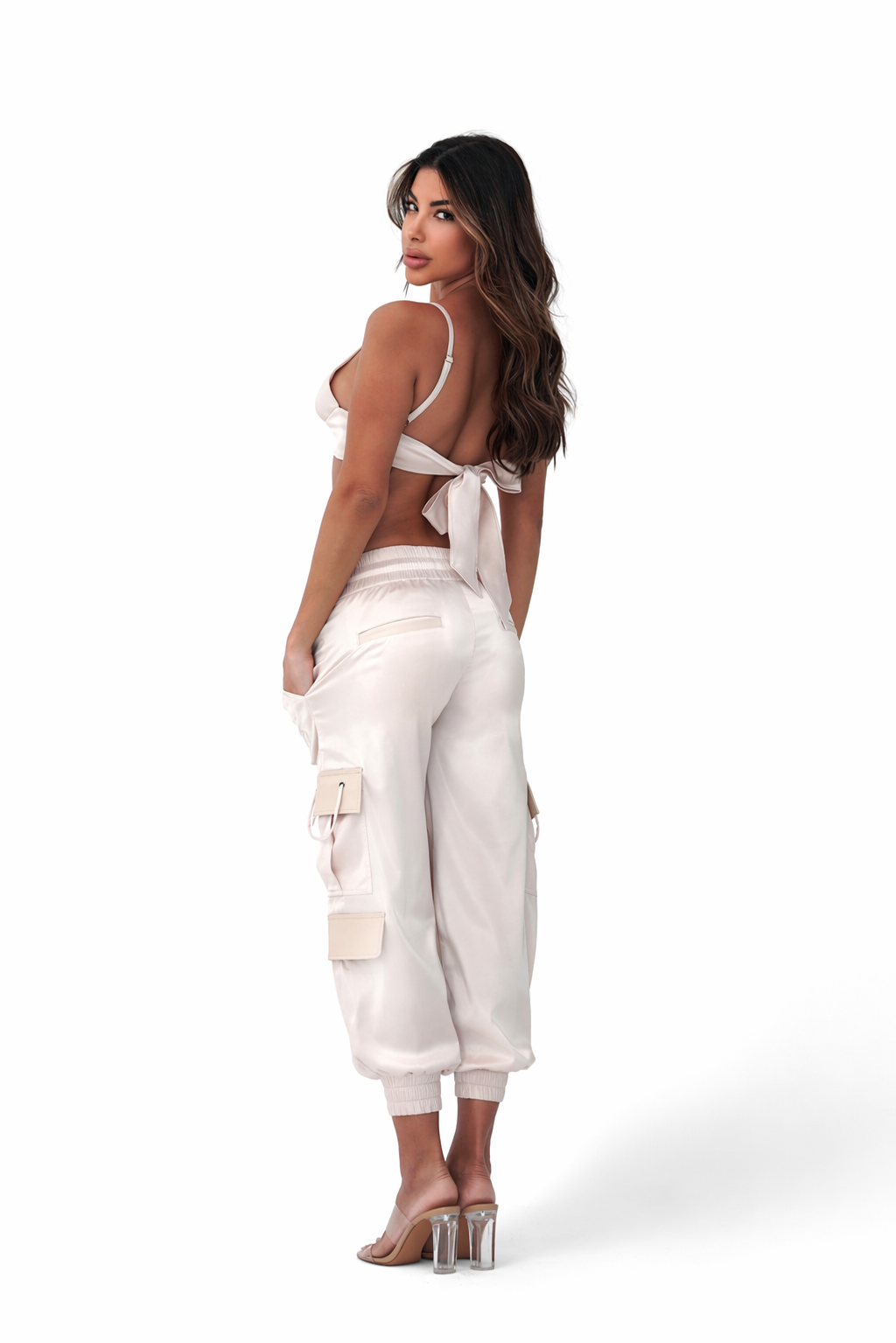 champagne cargo pants vegan leather pockets